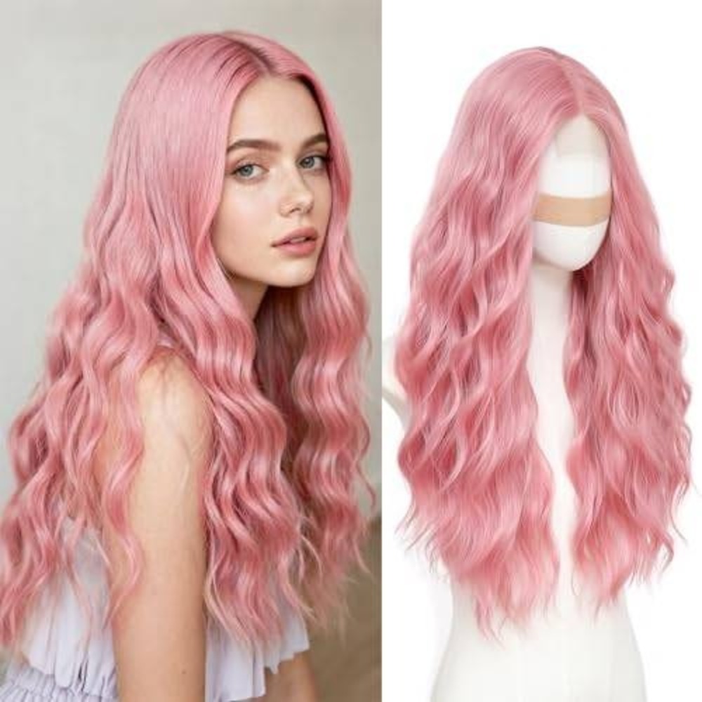 Long Wavy Pink‎ Wig Synthetic Heat Resistant Pastel Rose Hair Cosplay Festival